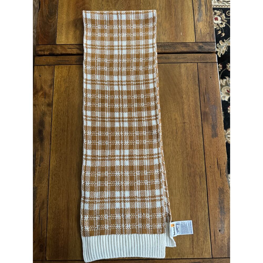 Timberland Brown & White Plaid Knit Scarf One Size Winter Accessory - Picture 5 of 13
